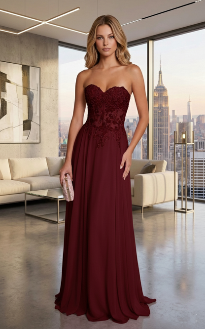 Strapless Lace Corset Chiffon A-Line Prom Dress with Lace-Up Back | Sevoba