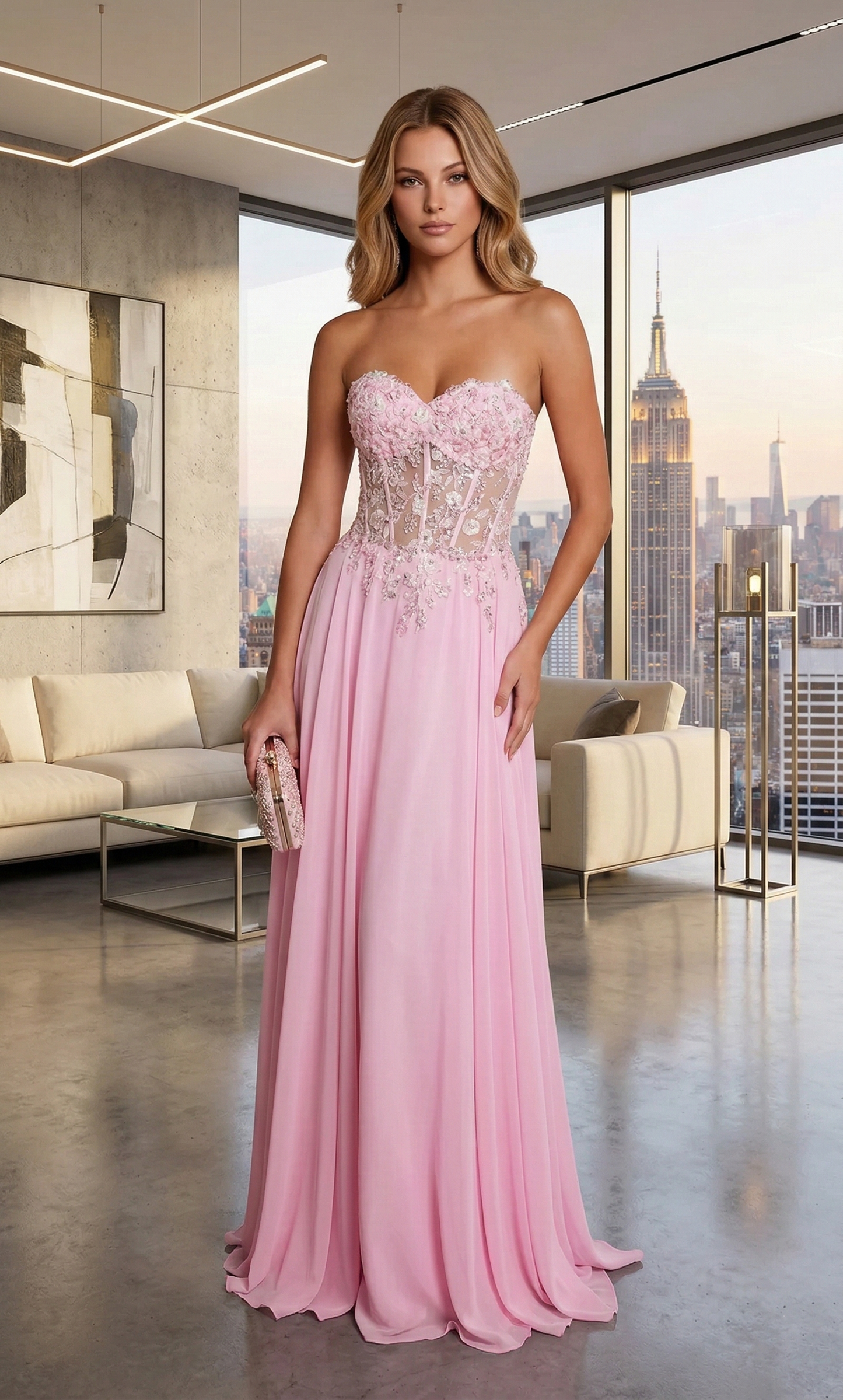 Strapless Lace Corset Chiffon A-Line Prom Dress with Lace-Up Back | Sevoba
