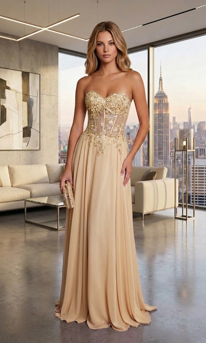 Strapless Lace Corset Chiffon A-Line Prom Dress with Lace-Up Back | Sevoba