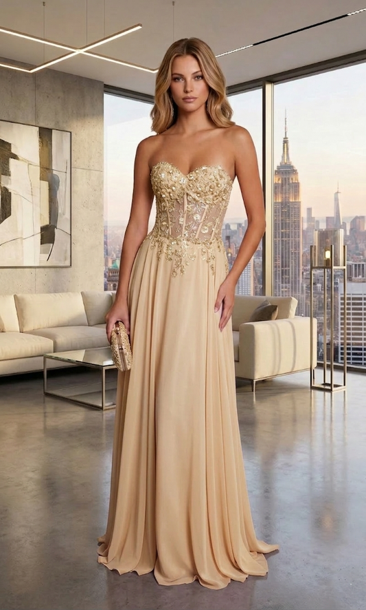Strapless Lace Corset Chiffon A-Line Prom Dress with Lace-Up Back | Sevoba