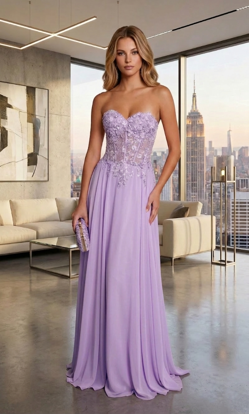 Strapless Lace Corset Chiffon A-Line Prom Dress with Lace-Up Back | Sevoba