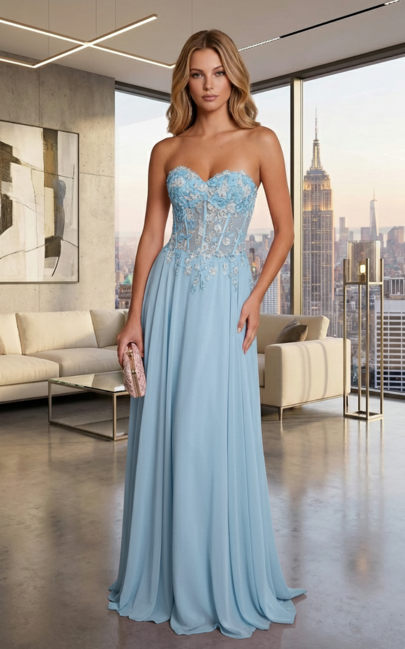 Strapless Lace Corset Chiffon A-Line Prom Dress with Lace-Up Back | Sevoba