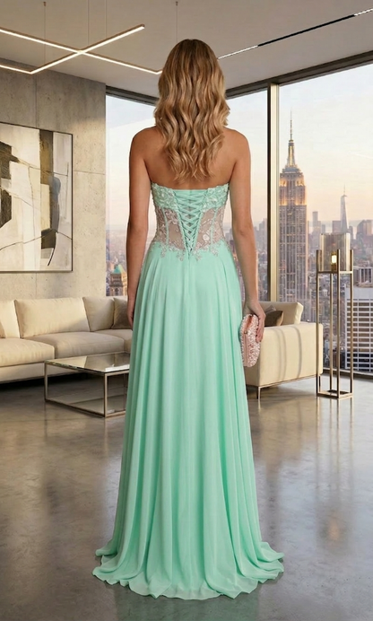 Strapless Lace Corset Chiffon A-Line Prom Dress with Lace-Up Back | Sevoba