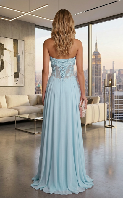 Strapless Lace Corset Chiffon A-Line Prom Dress with Lace-Up Back | Sevoba