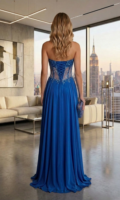 Strapless Lace Corset Chiffon A-Line Prom Dress with Lace-Up Back | Sevoba