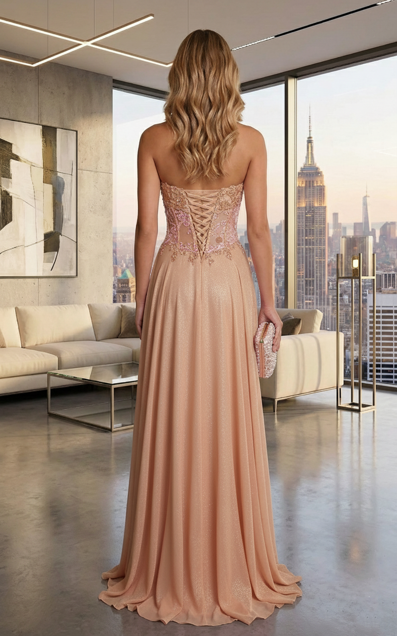 Strapless Lace Corset Chiffon A-Line Prom Dress with Lace-Up Back | Sevoba