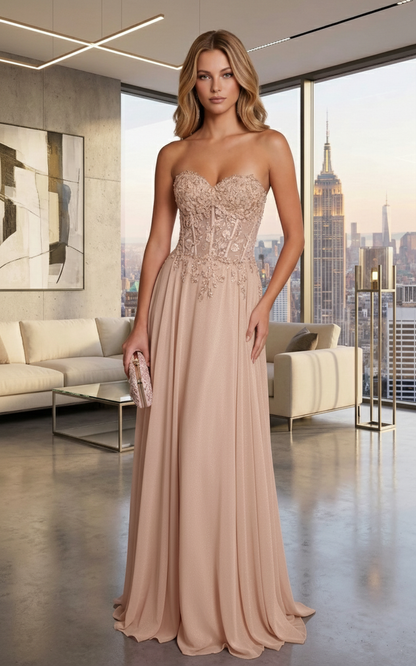 Strapless Lace Corset Chiffon A-Line Prom Dress with Lace-Up Back | Sevoba