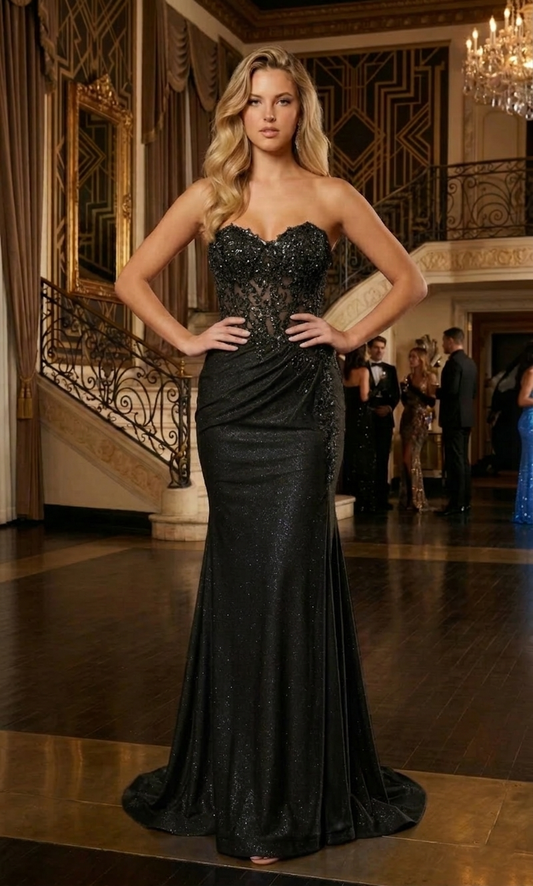 Strapless Lace Corset Glitter Mermaid Prom Dress with High Slit | Sevoba