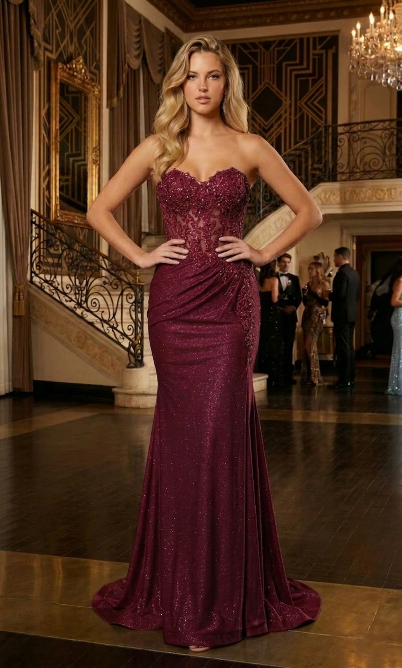 Strapless Lace Corset Glitter Mermaid Prom Dress with High Slit | Sevoba