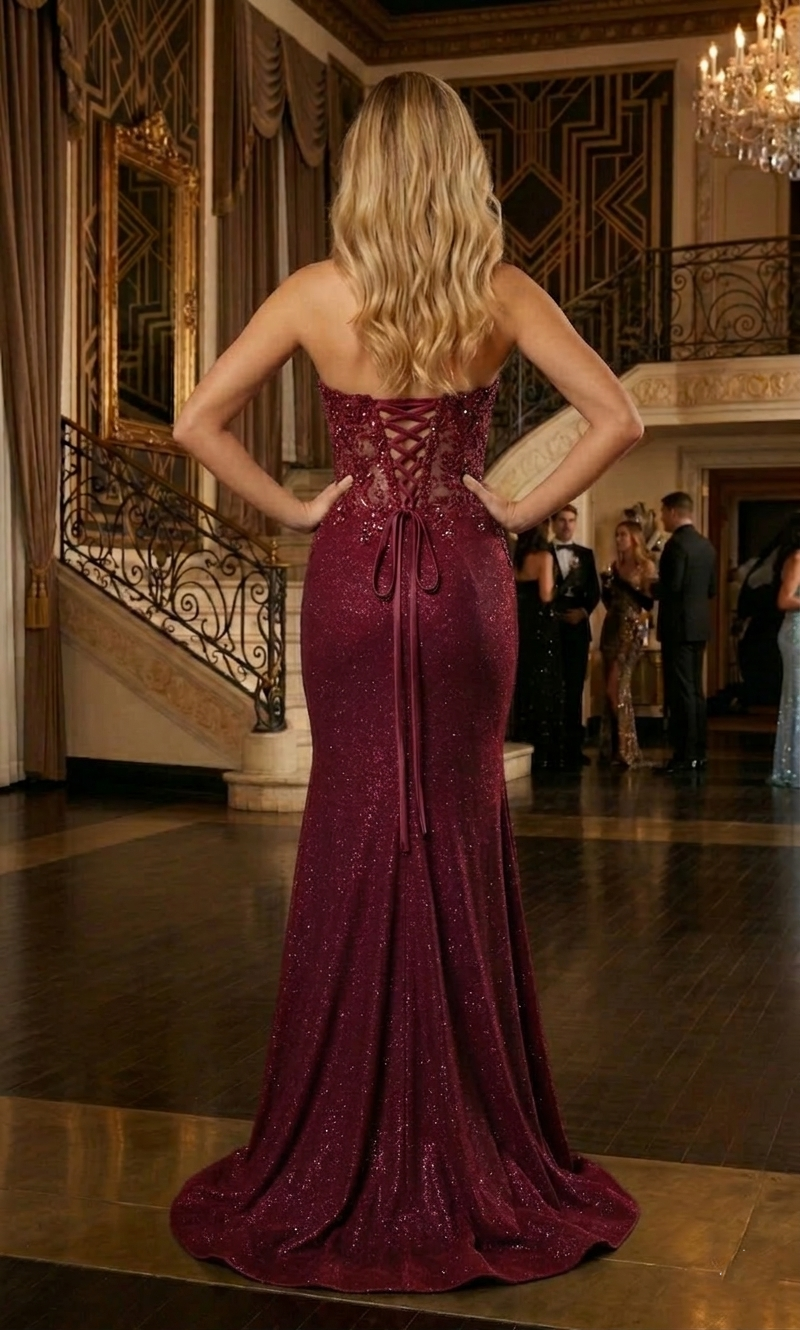 Strapless Lace Corset Glitter Mermaid Prom Dress with High Slit | Sevoba