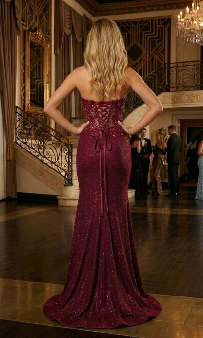 Strapless Lace Corset Glitter Mermaid Prom Dress with High Slit | Sevoba