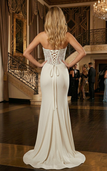 Strapless Lace Corset Glitter Mermaid Prom Dress with High Slit | Sevoba