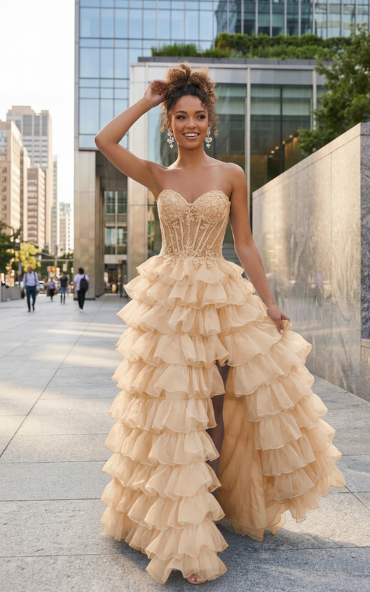 Strapless Lace Corset Tiered Ruffle Prom Dress with Slit | Sevoba
