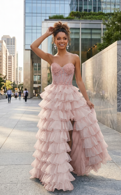 Strapless Lace Corset Tiered Ruffle Prom Dress with Slit | Sevoba