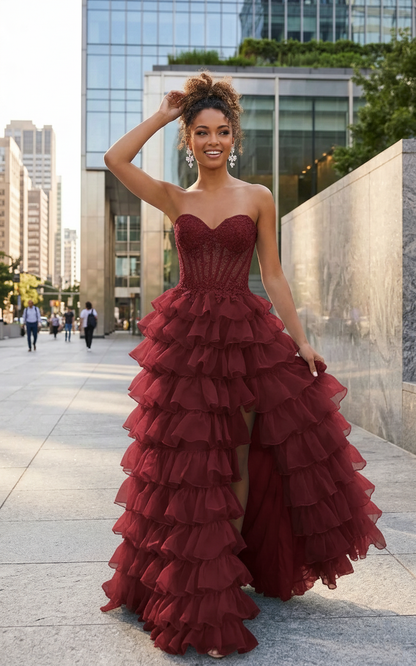 Strapless Lace Corset Tiered Ruffle Prom Dress with Slit | Sevoba