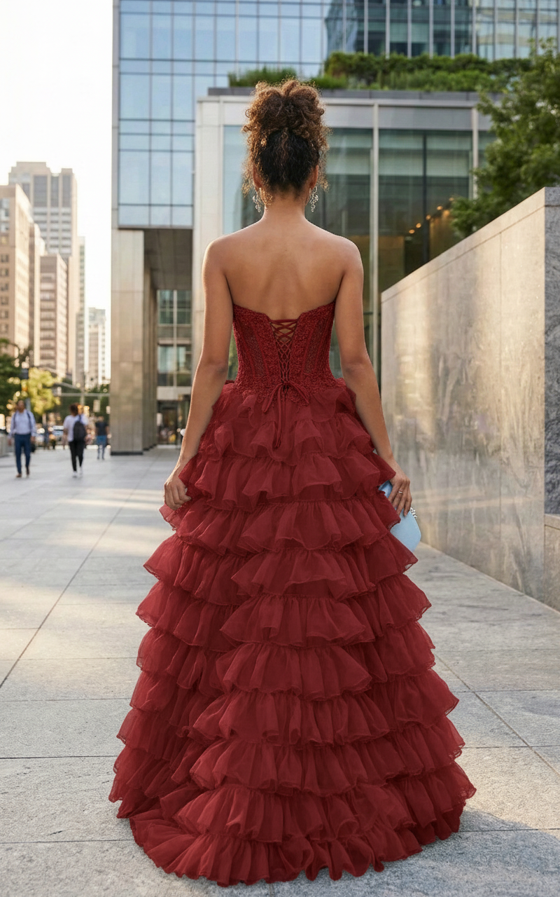 Strapless Lace Corset Tiered Ruffle Prom Dress with Slit | Sevoba