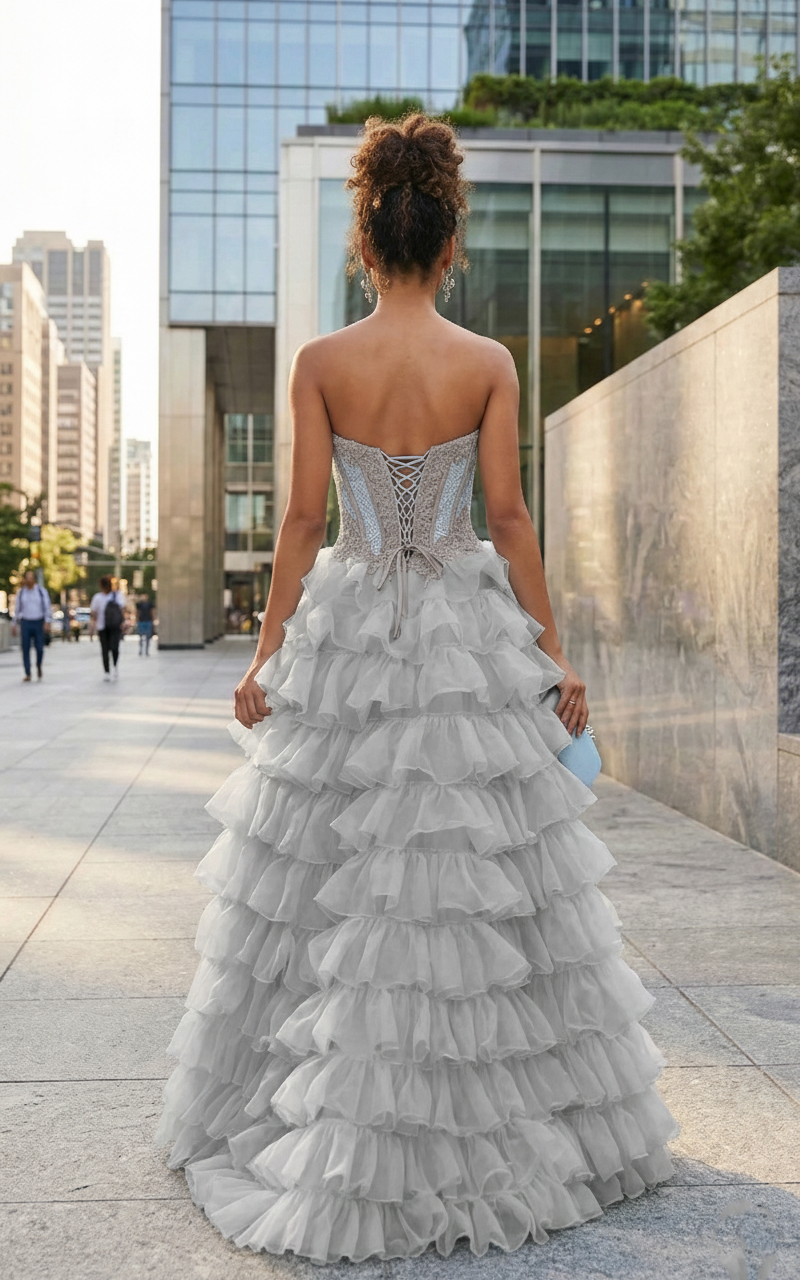 Strapless Lace Corset Tiered Ruffle Prom Dress with Slit | Sevoba