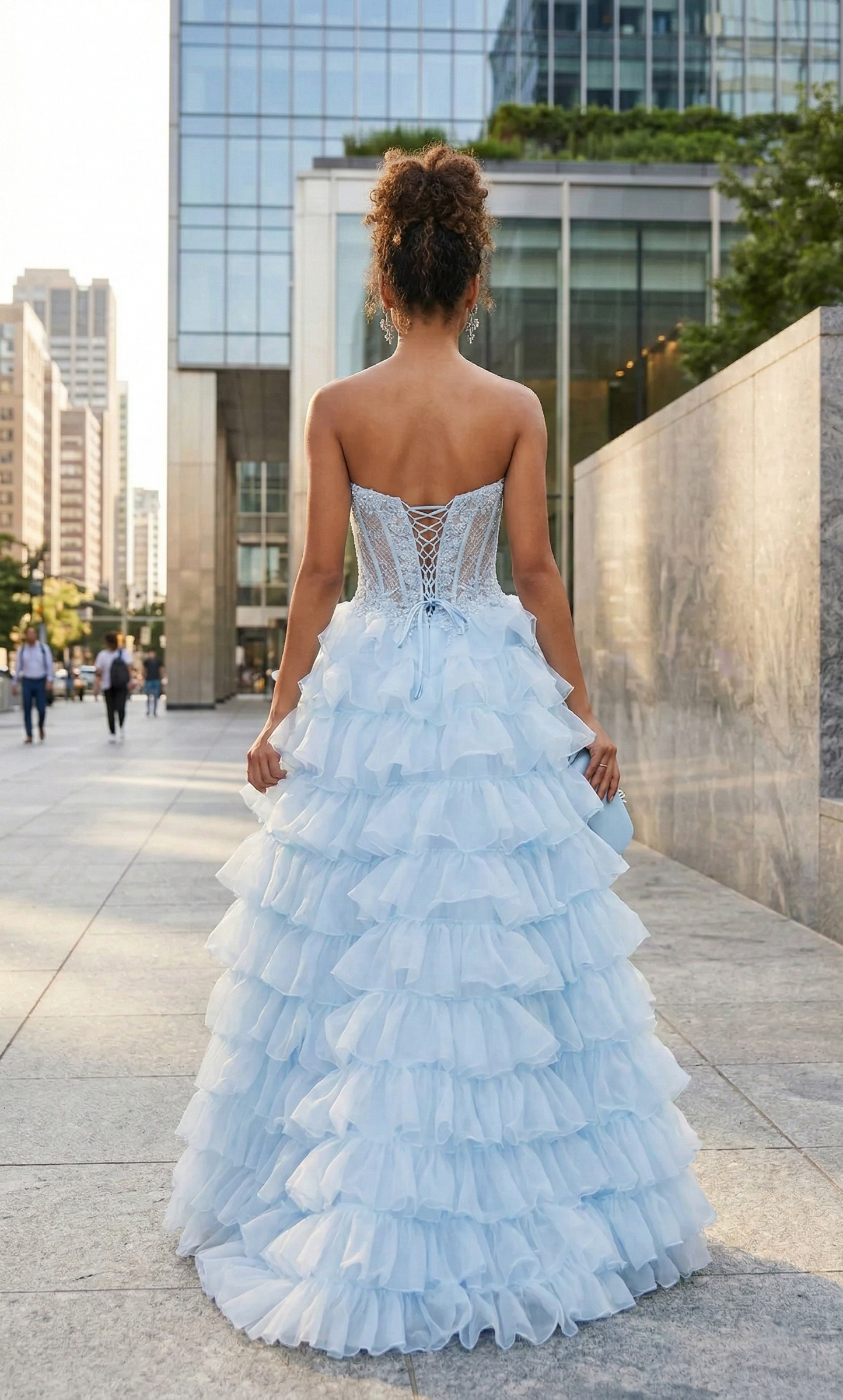 Strapless Lace Corset Tiered Ruffle Prom Dress with Slit | Sevoba