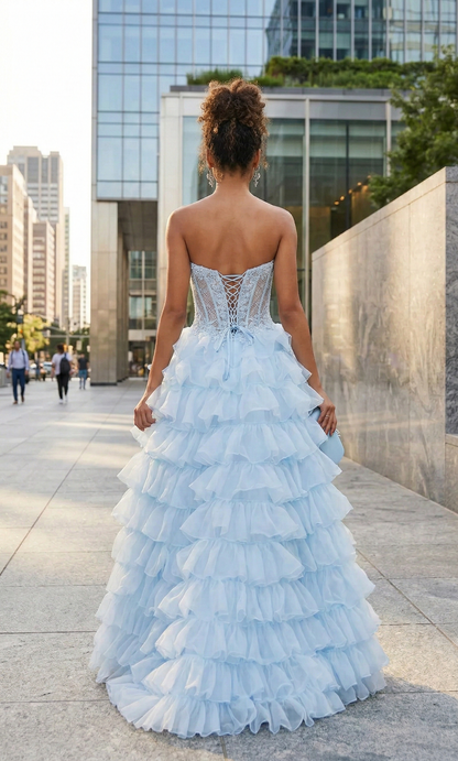 Strapless Lace Corset Tiered Ruffle Prom Dress with Slit | Sevoba