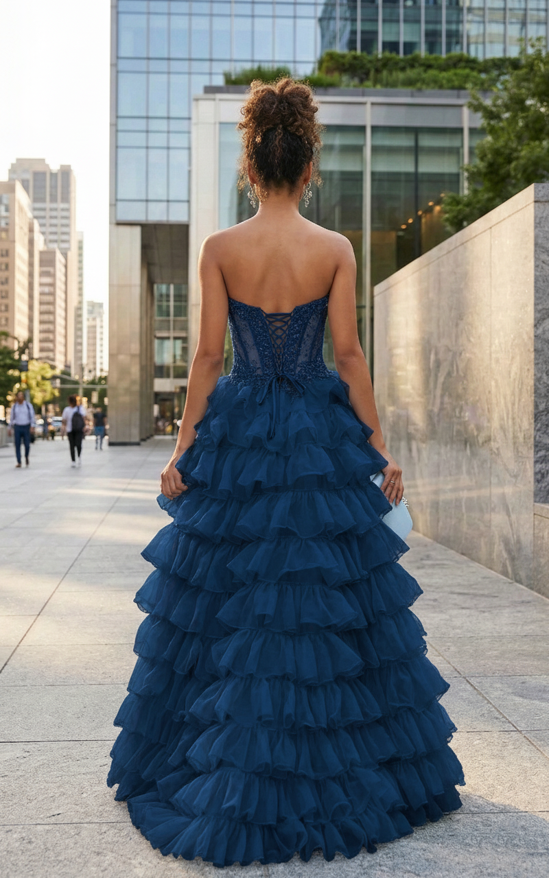 Strapless Lace Corset Tiered Ruffle Prom Dress with Slit | Sevoba