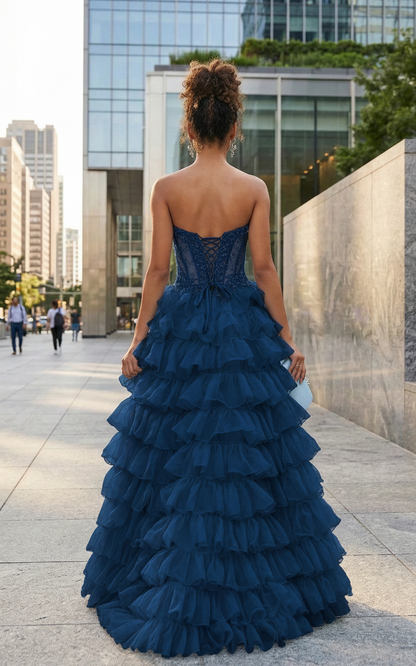 Strapless Lace Corset Tiered Ruffle Prom Dress with Slit | Sevoba