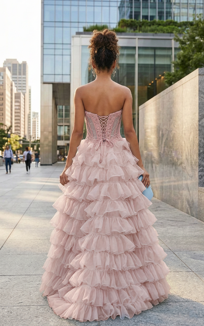 Strapless Lace Corset Tiered Ruffle Prom Dress with Slit | Sevoba
