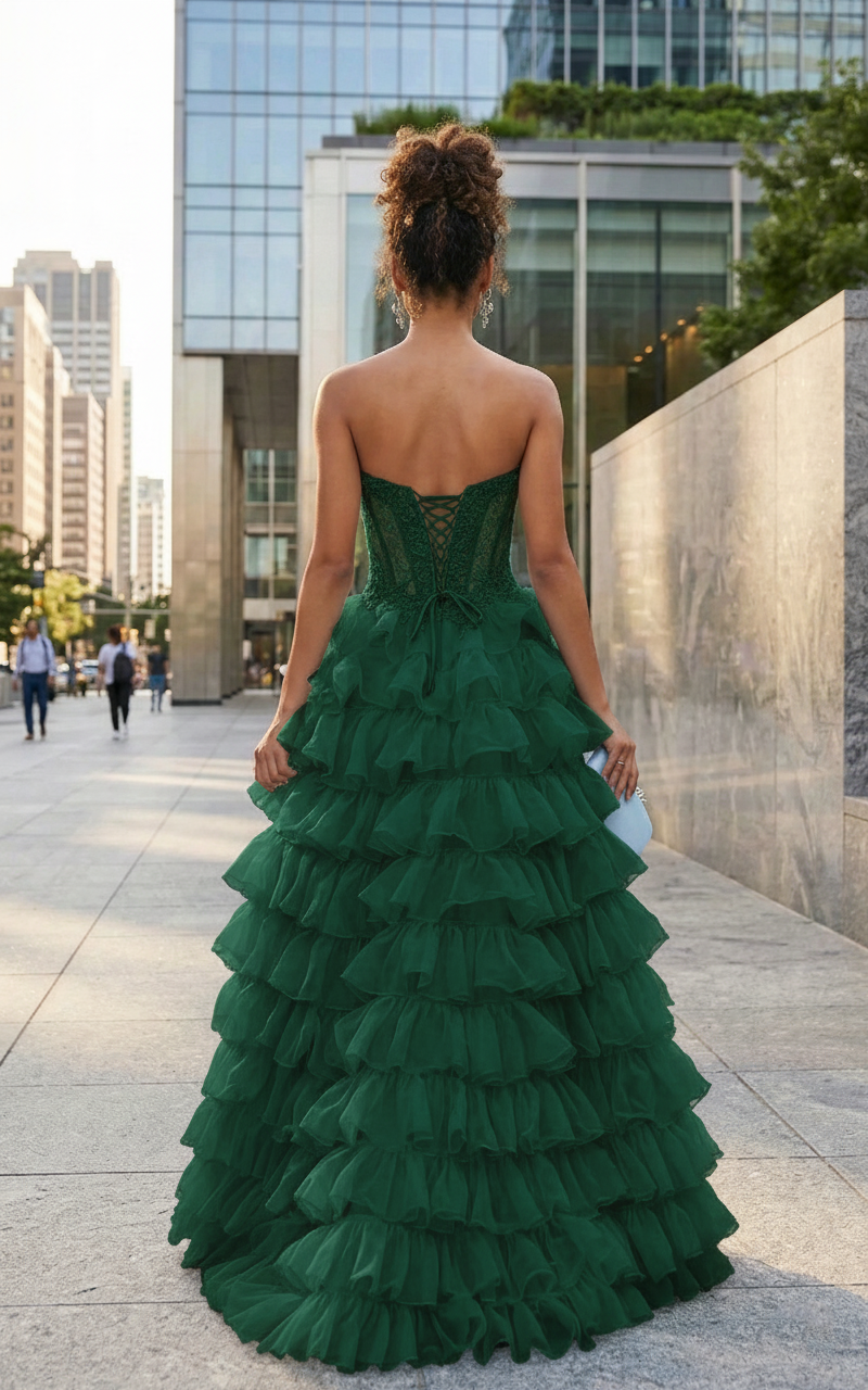 Strapless Lace Corset Tiered Ruffle Prom Dress with Slit | Sevoba