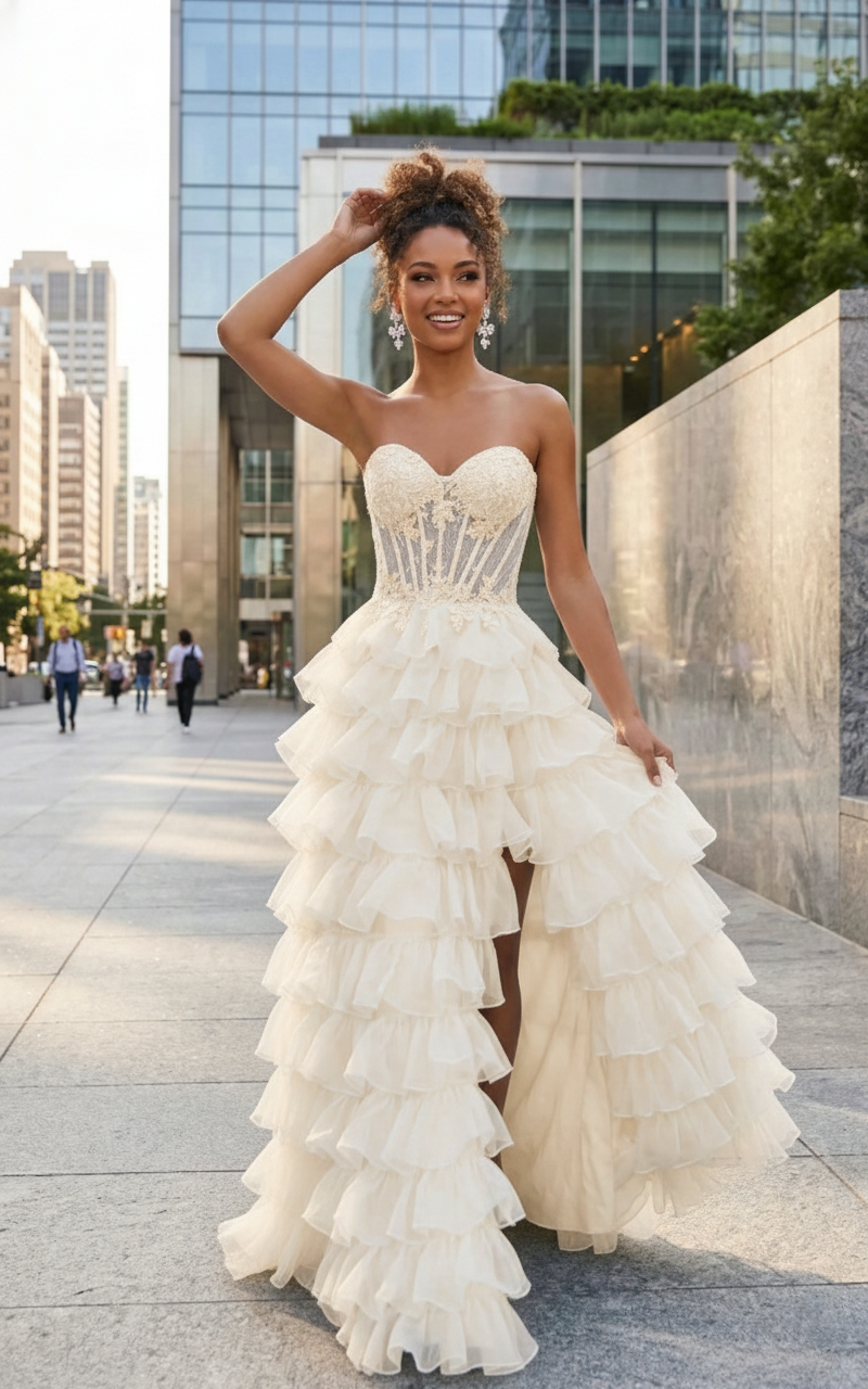 Strapless Lace Corset Tiered Ruffle Prom Dress with Slit | Sevoba
