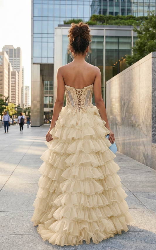 Strapless Lace Corset Tiered Ruffle Prom Dress with Slit | Sevoba