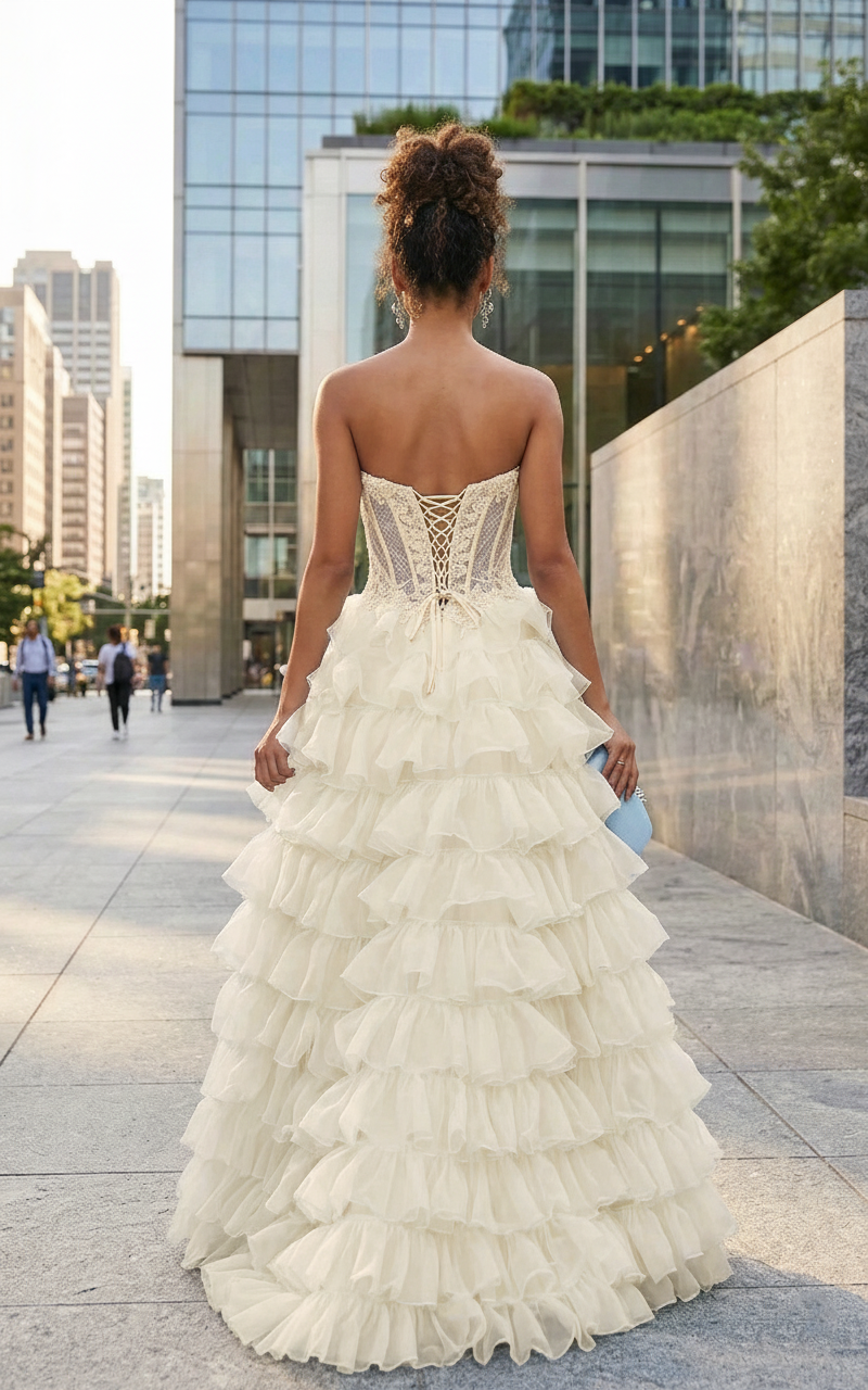 Strapless Lace Corset Tiered Ruffle Prom Dress with Slit | Sevoba