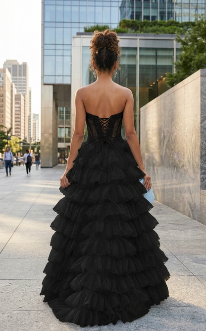 Strapless Lace Corset Tiered Ruffle Prom Dress with Slit | Sevoba