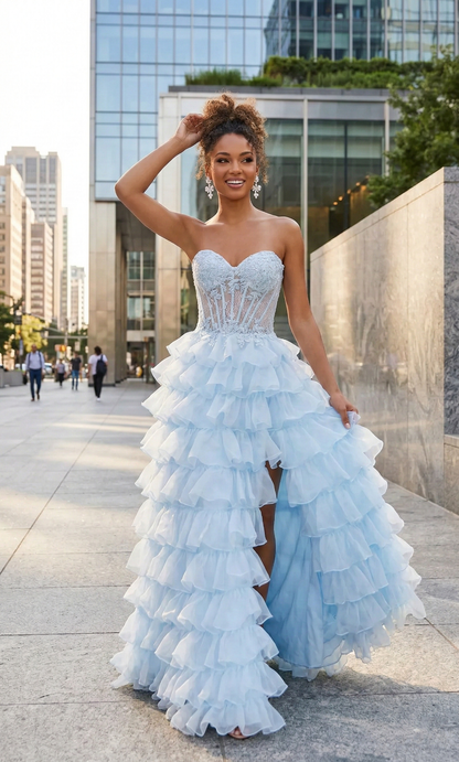 Strapless Lace Corset Tiered Ruffle Prom Dress with Slit | Sevoba