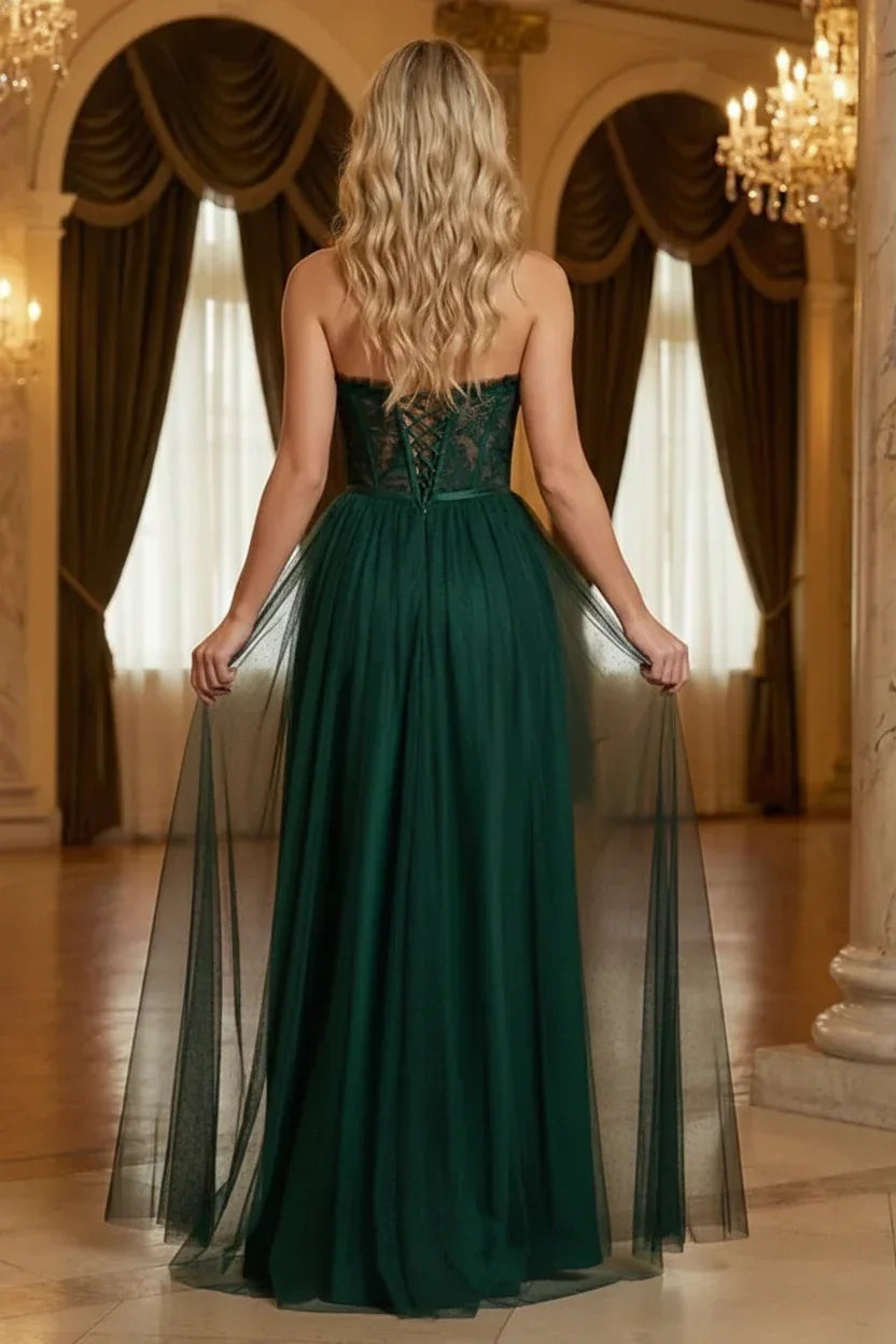 Strapless Lace Corset Tulle Prom Dress with Slit | Sevoba
