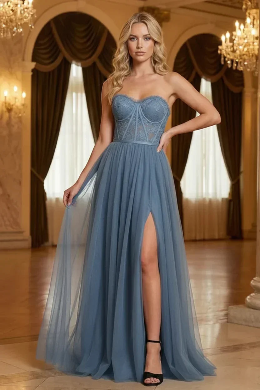 Strapless Lace Corset Tulle Prom Dress with Slit | Sevoba