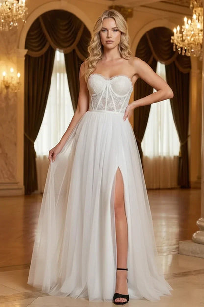 Strapless Lace Corset Tulle Prom Dress with Slit | Sevoba