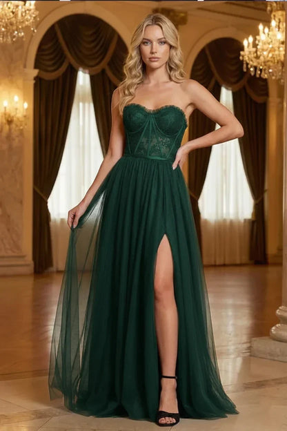 Strapless Lace Corset Tulle Prom Dress with Slit | Sevoba