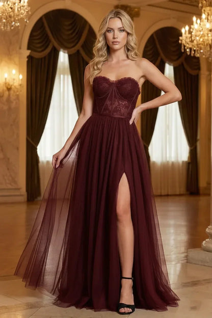Strapless Lace Corset Tulle Prom Dress with Slit | Sevoba