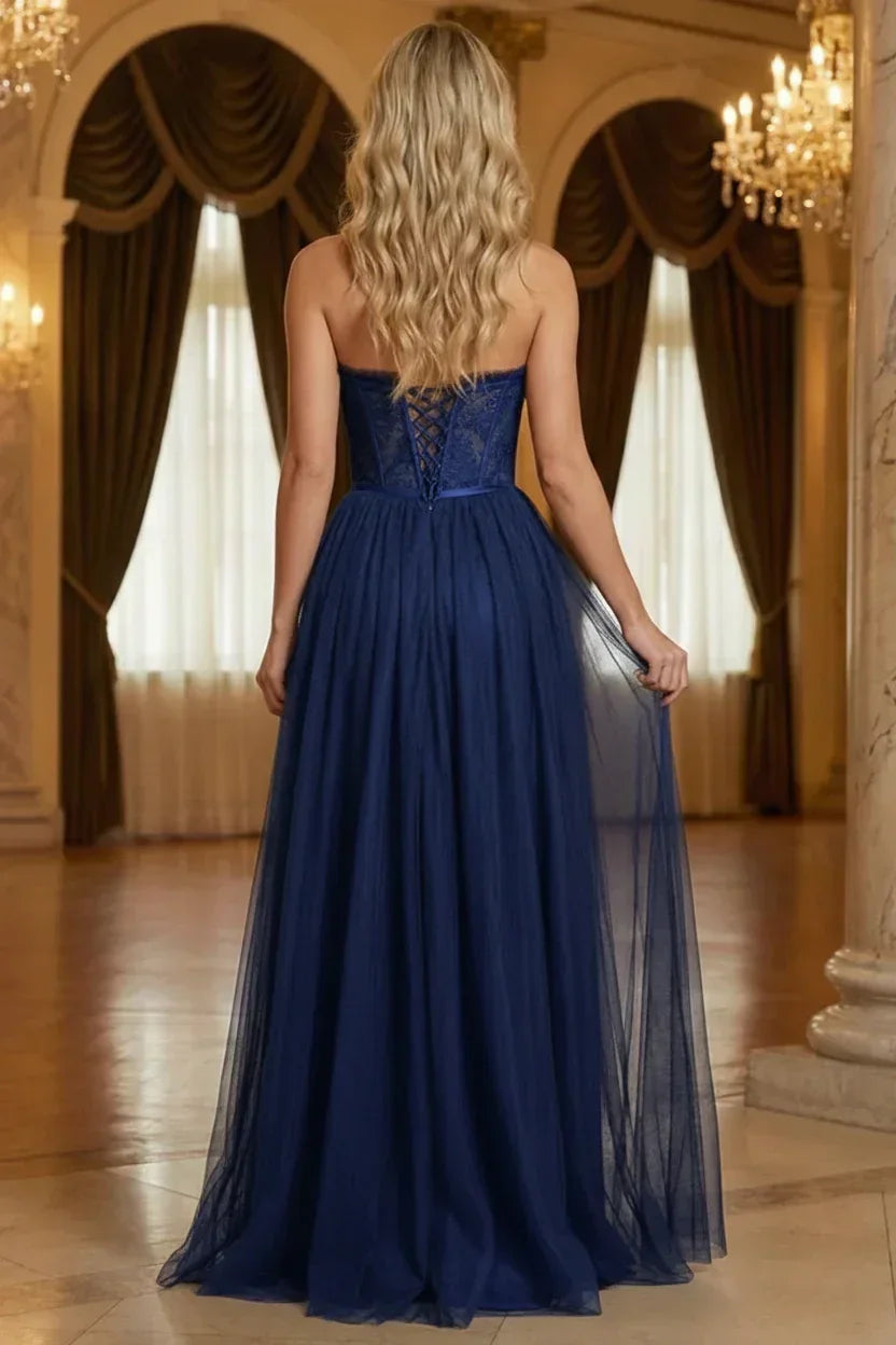 Strapless Lace Corset Tulle Prom Dress with Slit | Sevoba