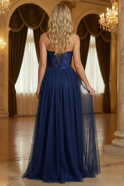 Strapless Lace Corset Tulle Prom Dress with Slit | Sevoba