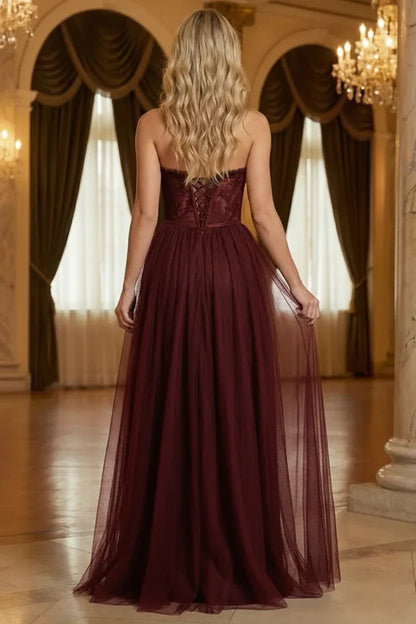 Strapless Lace Corset Tulle Prom Dress with Slit | Sevoba