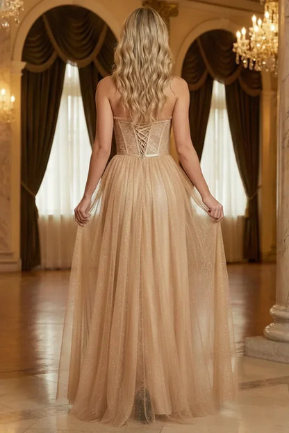 Strapless Lace Corset Tulle Prom Dress with Slit | Sevoba