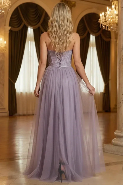 Strapless Lace Corset Tulle Prom Dress with Slit | Sevoba