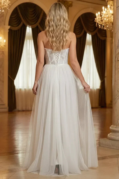 Strapless Lace Corset Tulle Prom Dress with Slit | Sevoba