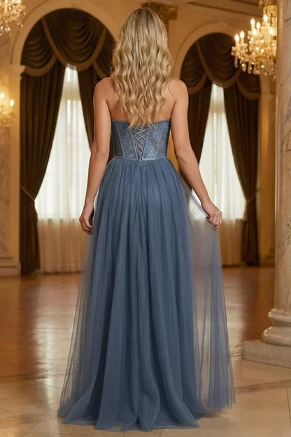 Strapless Lace Corset Tulle Prom Dress with Slit | Sevoba