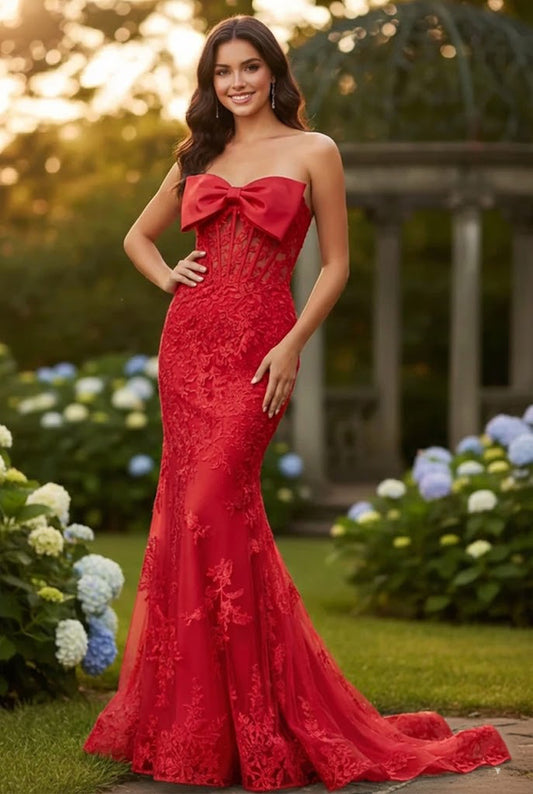 Strapless Lace Mermaid Prom Dress with Bow Detail & Corset Back | Sevoba
