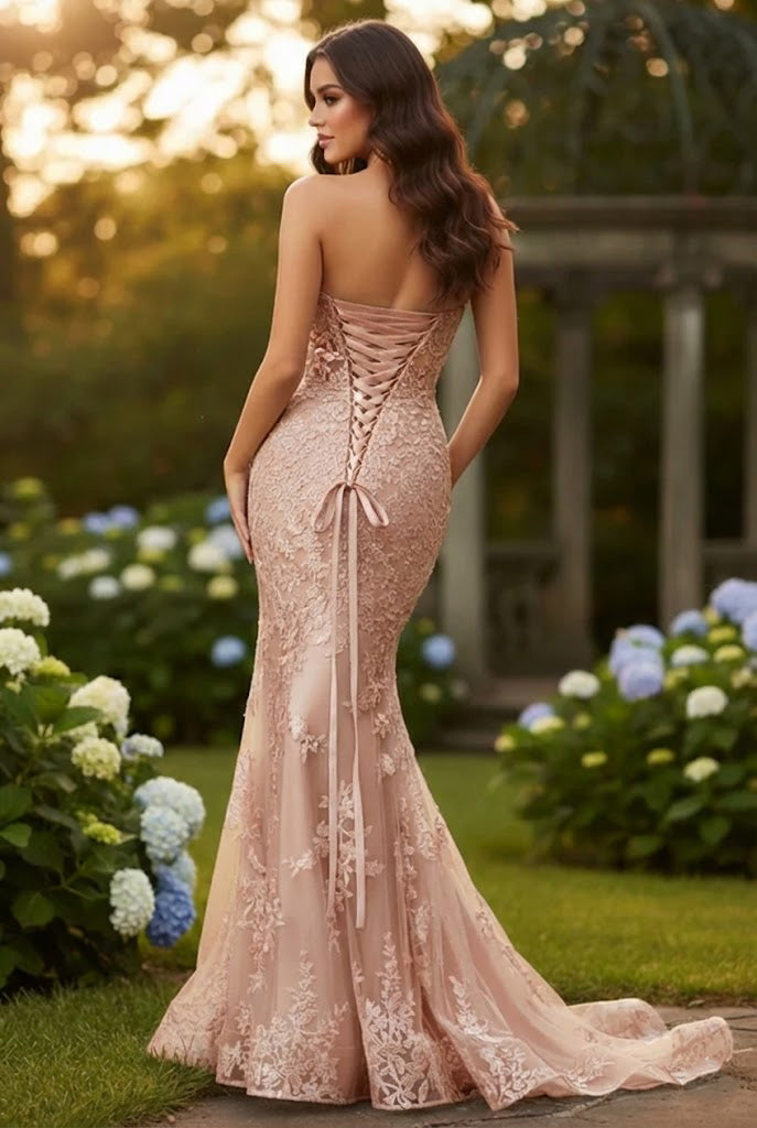 Strapless Lace Mermaid Prom Dress with Bow Detail & Corset Back | Sevoba