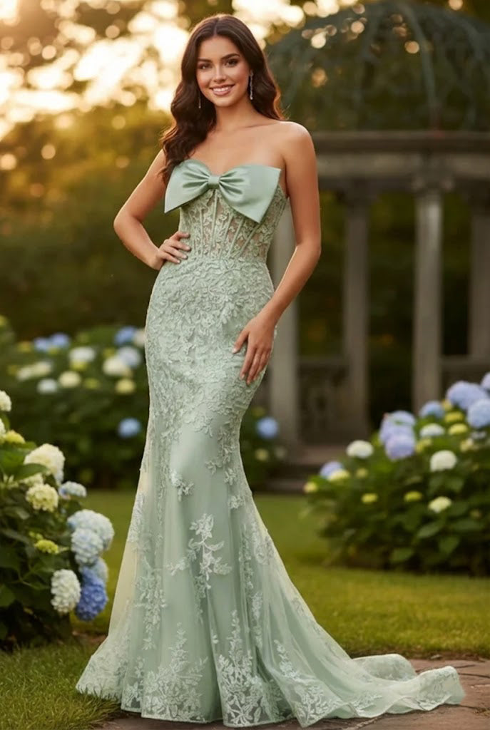 Strapless Lace Mermaid Prom Dress with Bow Detail & Corset Back | Sevoba