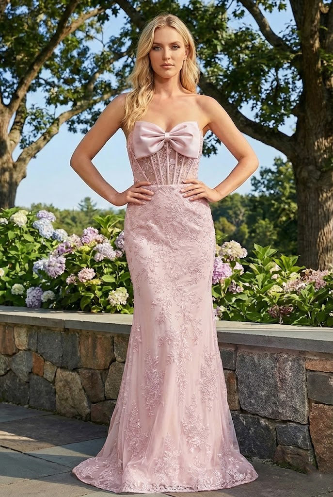 Strapless Lace Mermaid Prom Dress with Statement Bow | Sevoba