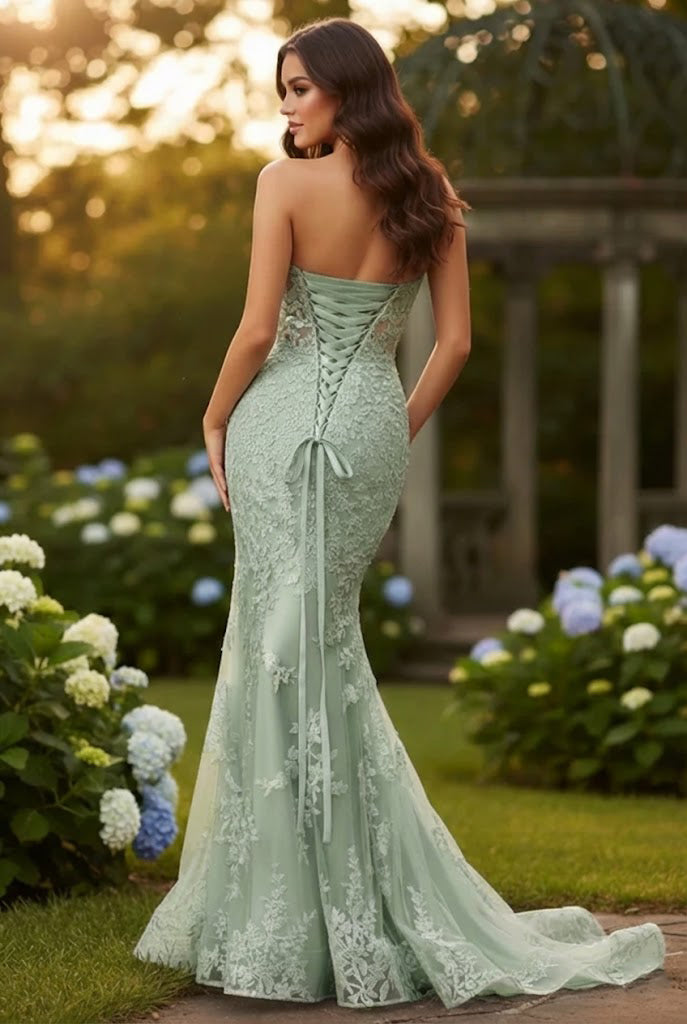 Strapless Lace Mermaid Prom Dress with Bow Detail & Corset Back | Sevoba