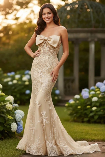 Strapless Lace Mermaid Prom Dress with Bow Detail & Corset Back | Sevoba